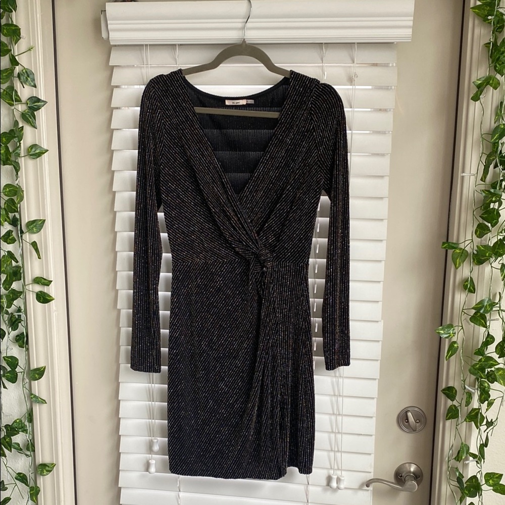 Miami Black and Silver Sheath Dress V-Neck Long Sleeve